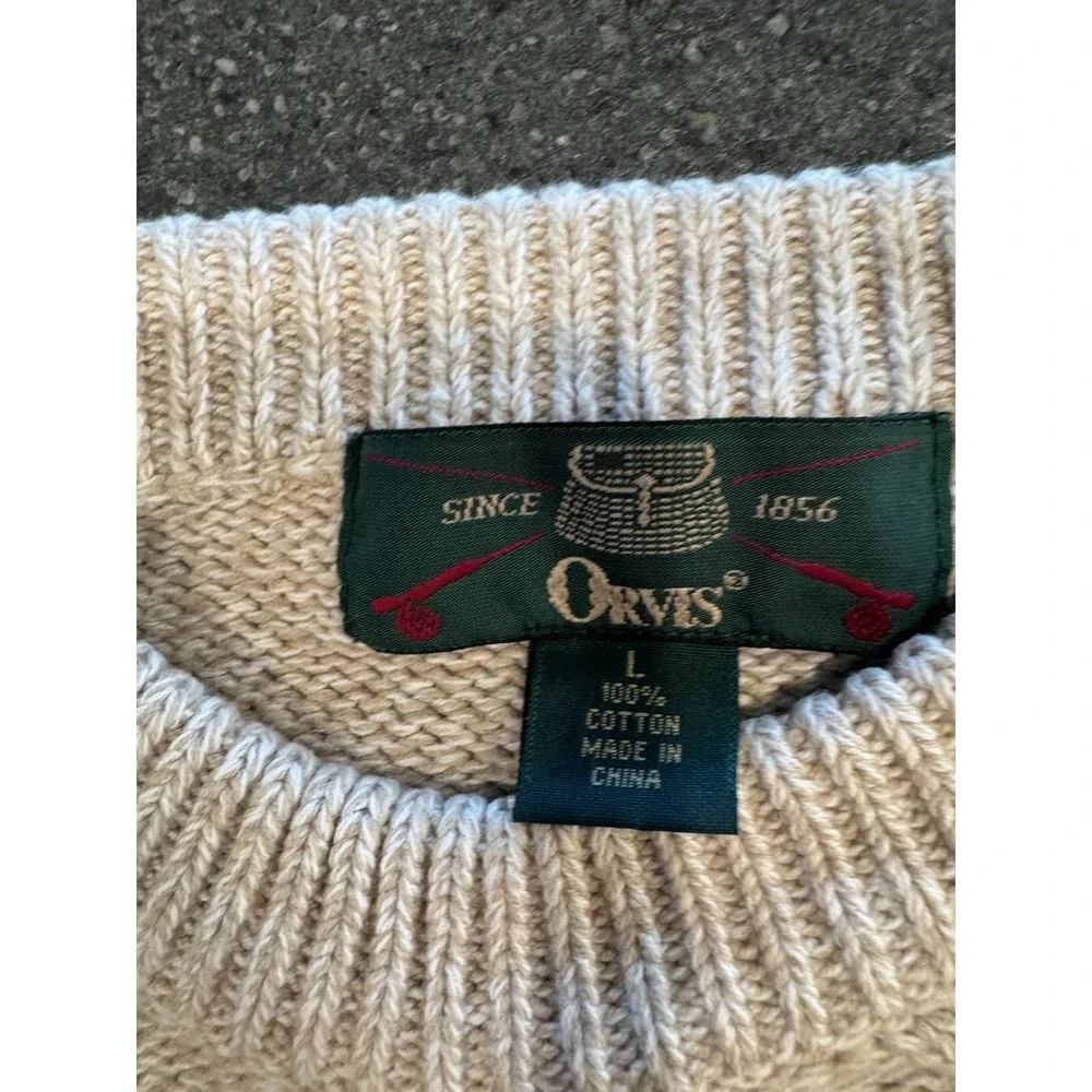 Orvis Mens Patchwork Sweater L Beige‎ Brown Gray Colorblock Cable Knit Crewneck